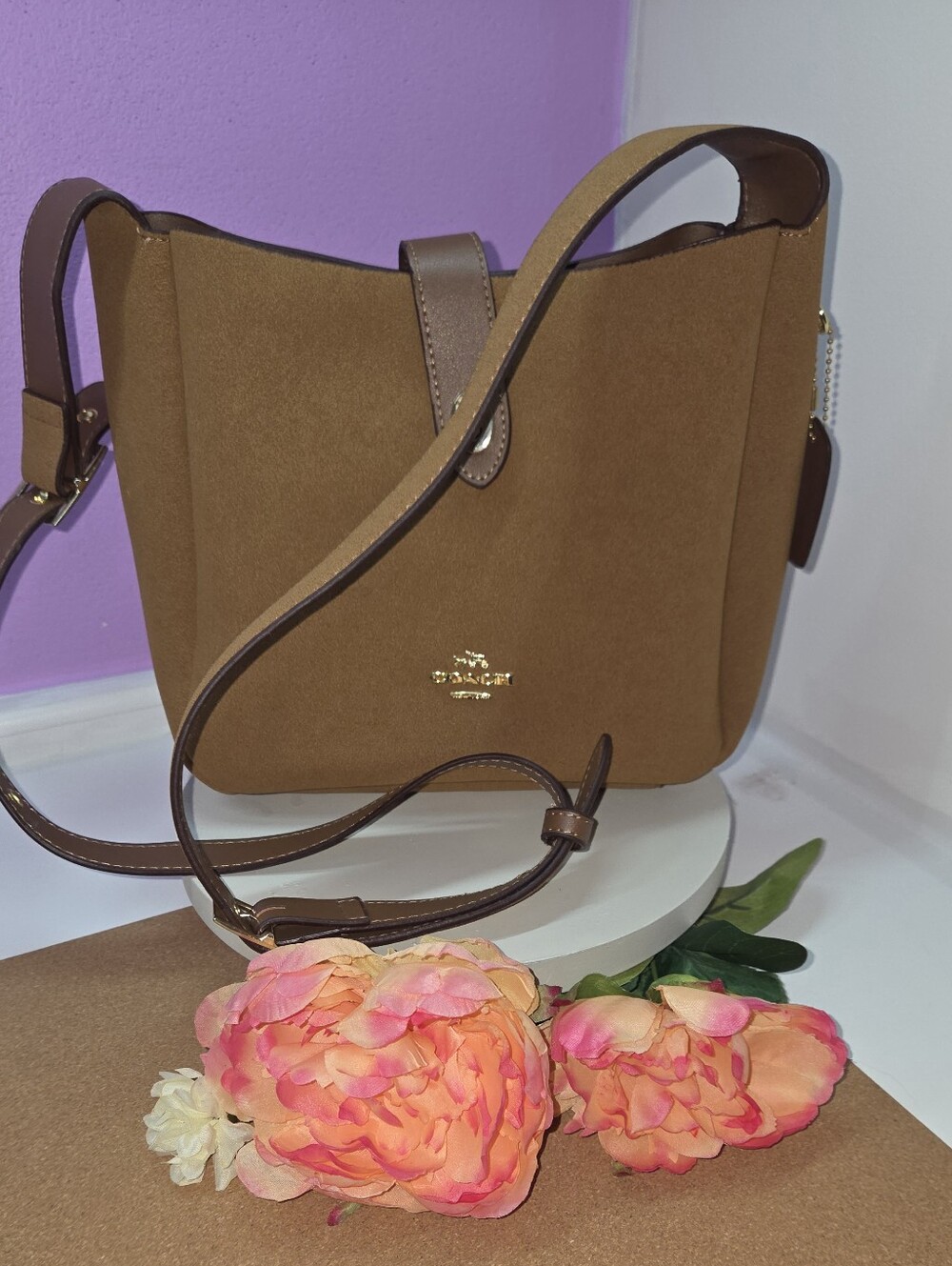 Authentic Coach Hadley Convertible Crossbody Bag in Sienna Suede & Leather